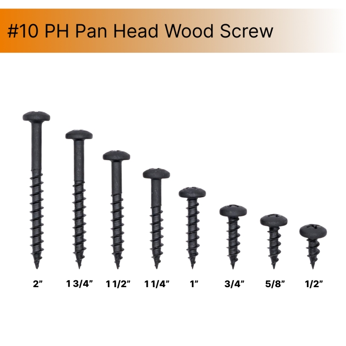 #10 Pan Head Screw Box, Phillips, Wood Thread, Sharp Point, Black Phosphate, Steel