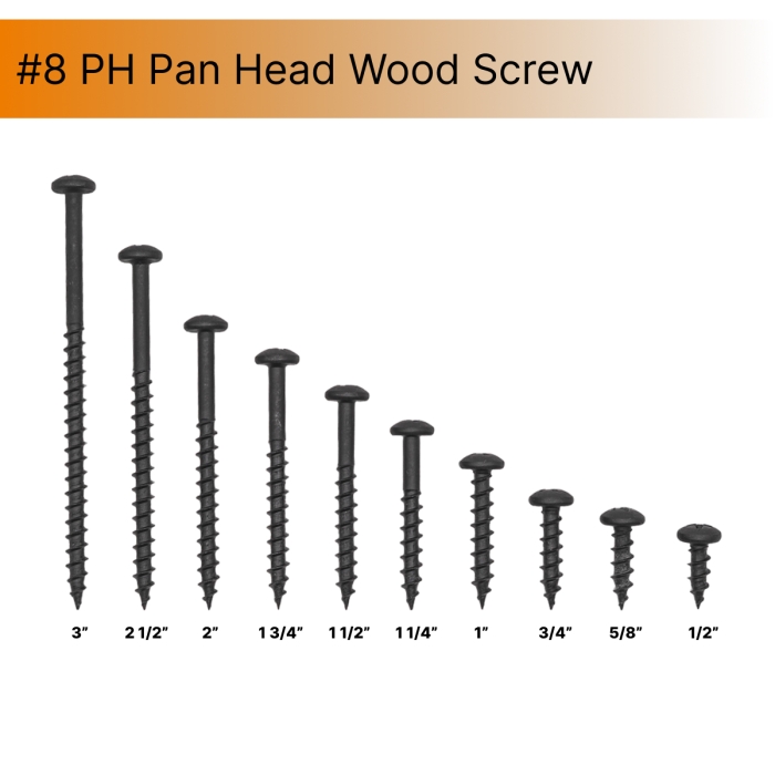 #8 Pan Head Screw Box, Phillips, Wood Thread, Sharp Point, Black Phosphate, Steel