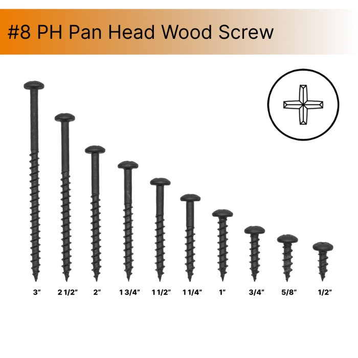 #8 Pan Head Screw Box, Phillips, Wood Thread, Sharp Point, Black Phosphate, Steel