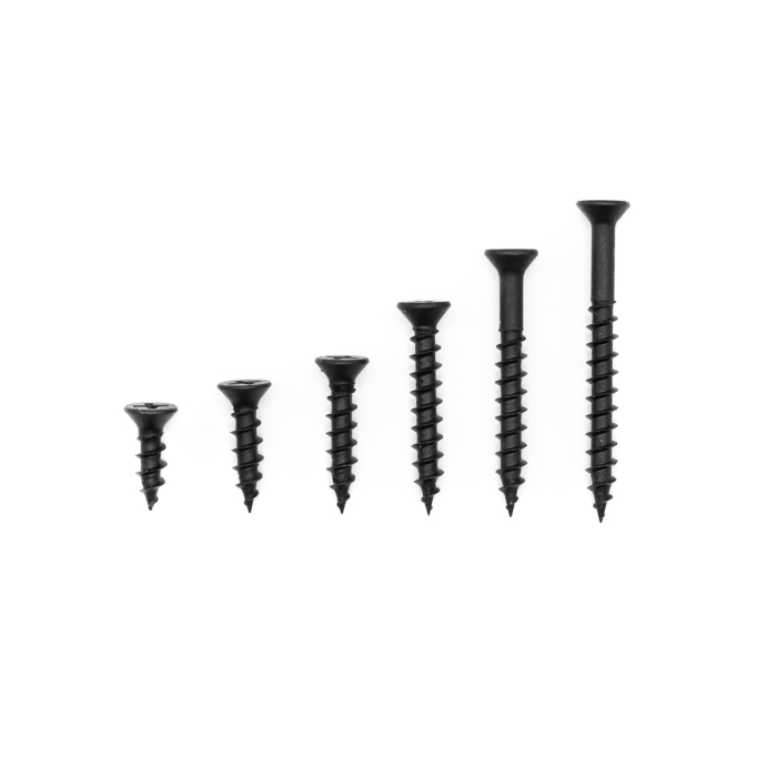#6 Flat Head Screw Box, Phillips, Wood Thread, Sharp Point, Black Phosphate, Steel