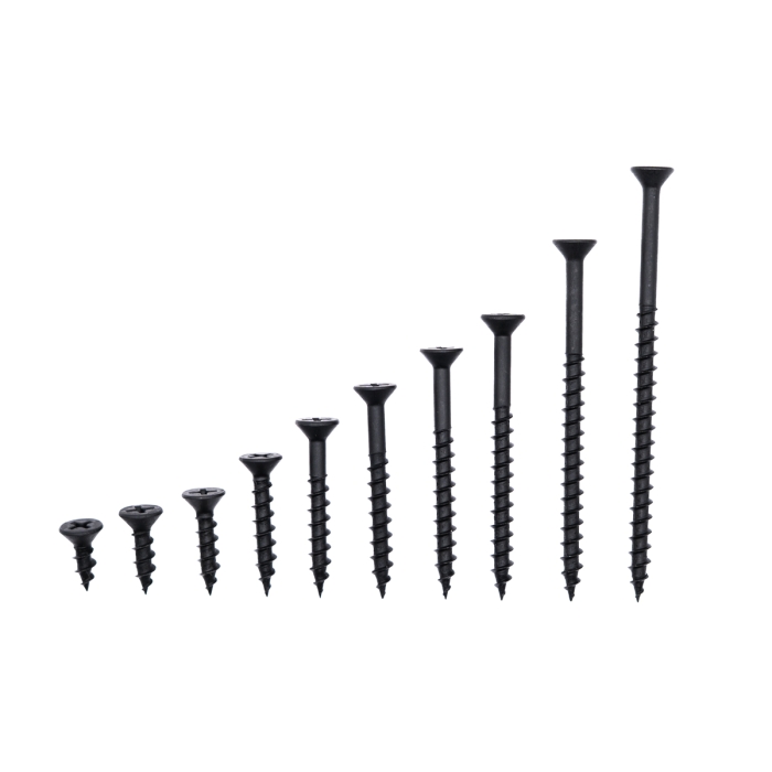 #8 Flat Head Screw Box, Phillips, Wood Thread, Sharp Point, Black Phosphate, Steel